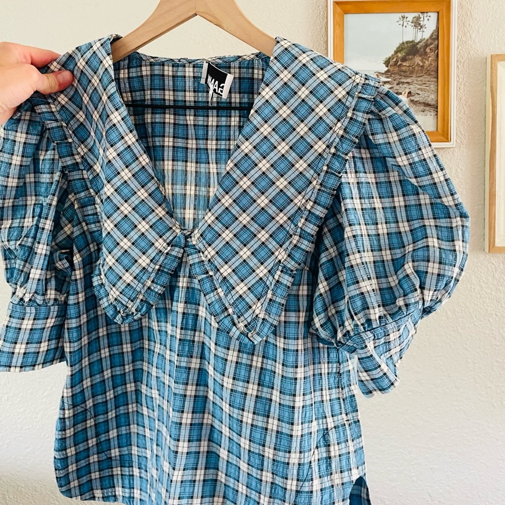 GANNI Seersucker Check V-Neck Ruffle Blouse in Azure Blue - Picture 6 of 14